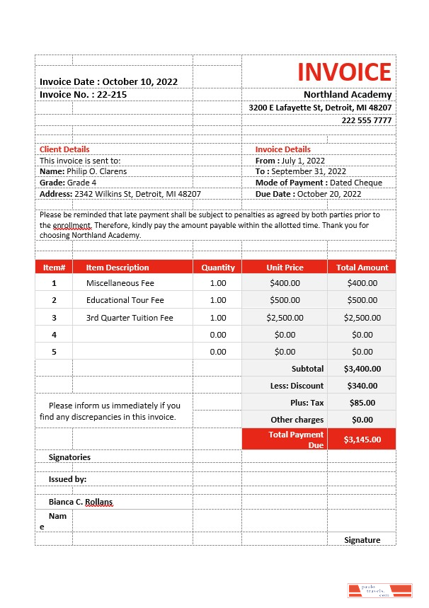 School Fees Invoice Template PSD template